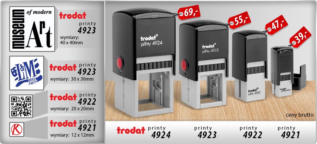 Trodat 4924, 4923, 4922 i 4921 Pieczątki kwadratowe 40, 30, 20 i 12mm